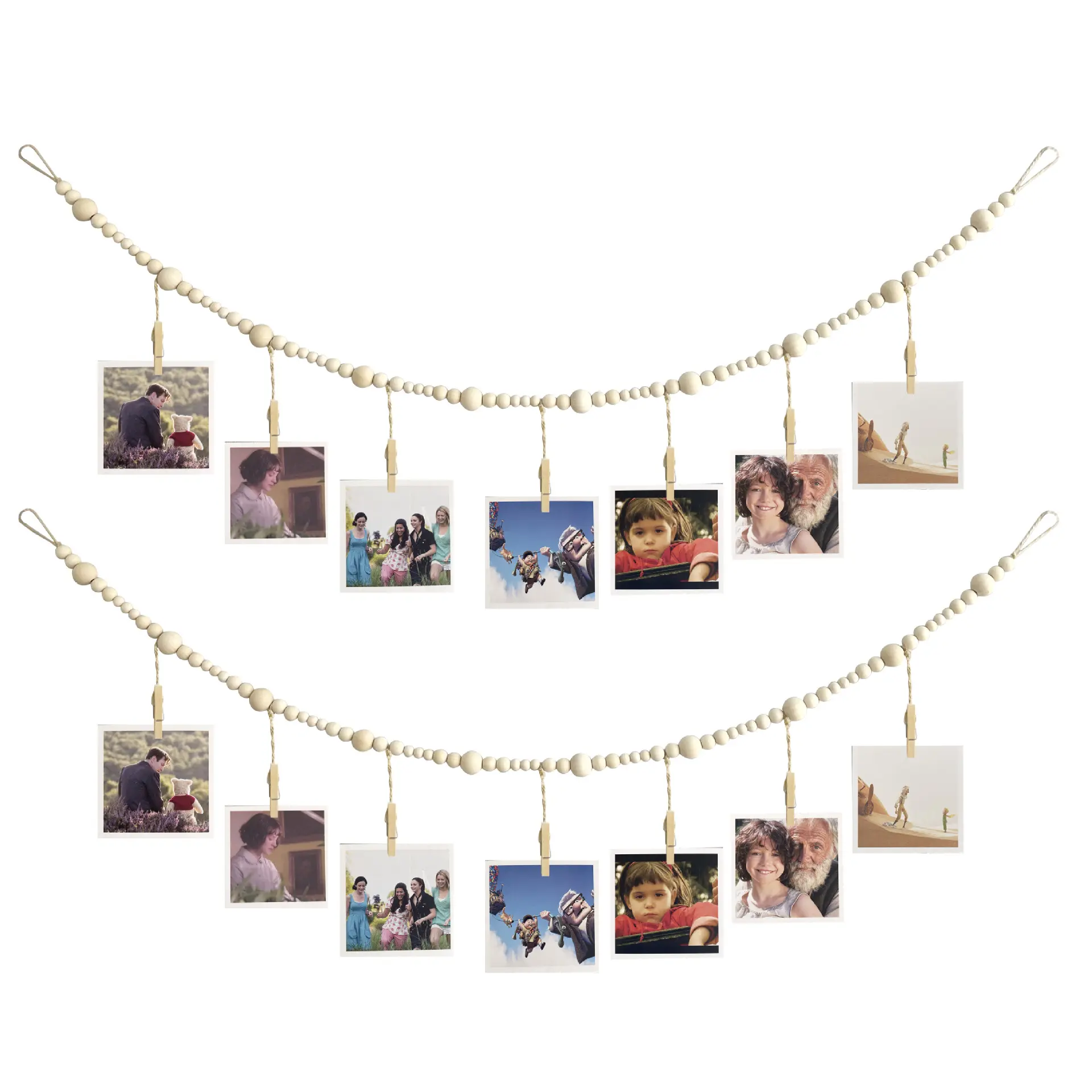 Boho Macrame Wall Hanging Photo Display with 7-30 Wood Clips, Wooden Bead Boho Wall Décor Garland Picture Frame Collage Holder for Bedroom, Living Room, Dorm, Kids Art Pictures Display