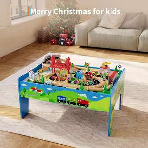 Gaomon 2-in-1 Wooden Train Table & Study Desk, 80-Piece Activity Playset with Tracks, Railway, Train, City Accessories, Wooden Material Toy Gift for Kids Ages 3+