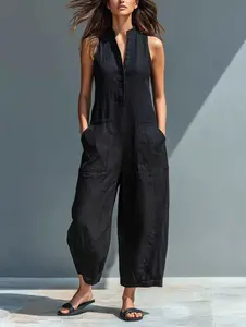 Black Sleeveless Cotton Nylon Jumpsuit | Wrinkle Resistant Wide Leg Jumpsuit with Pockets | Durable Casual Summer Outfit