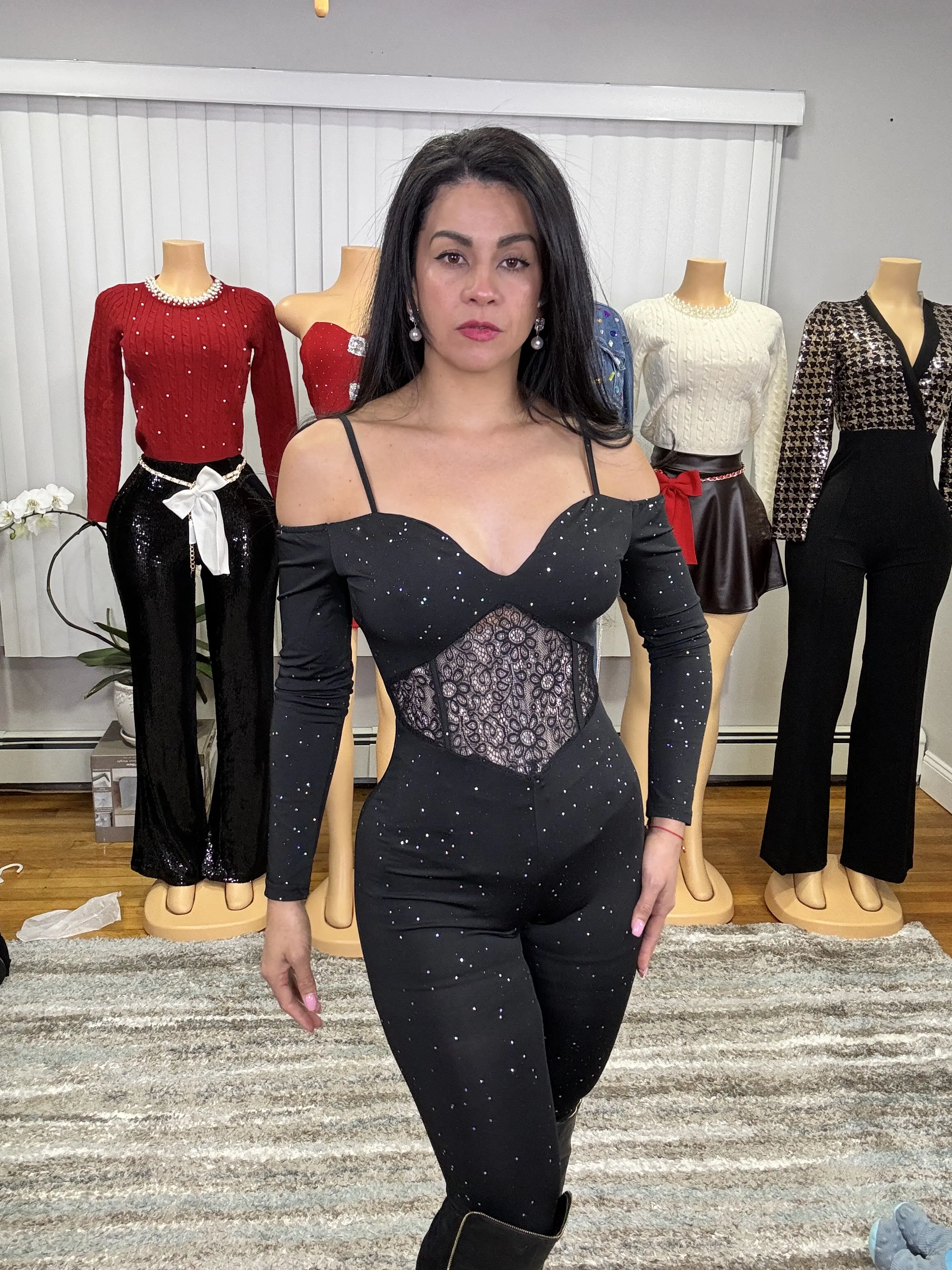 OFF SHOULDER LONGSLEEVE JUMPSUIT- GLITTER Womenswear Evening