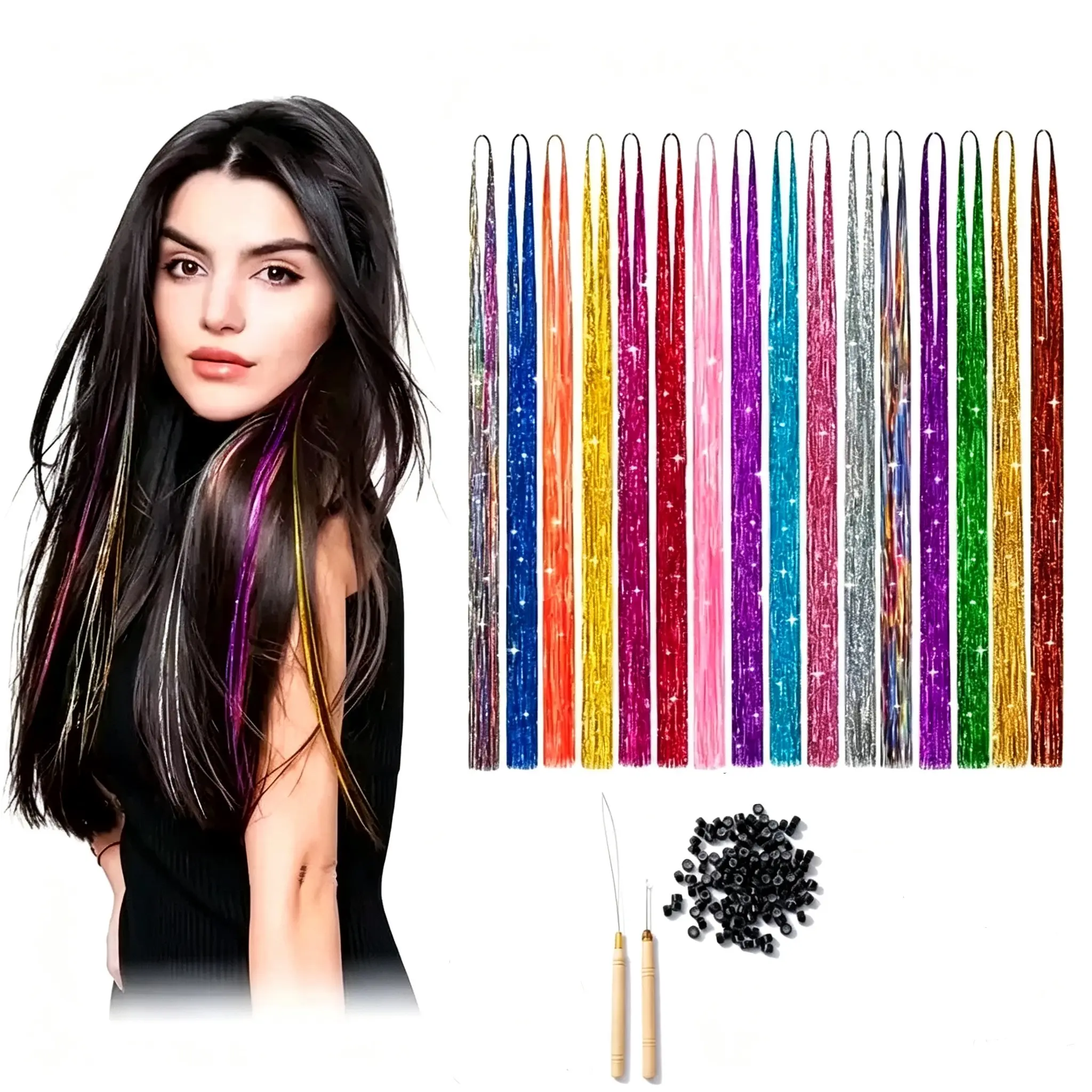 Female 12-Color Synthetic Hair Hairpieces Kit, Holographic Plastic Tape-In Strands, Heat Resistant Glitter Dressy Hair Tinsel for Romantic Party, Street Fashion