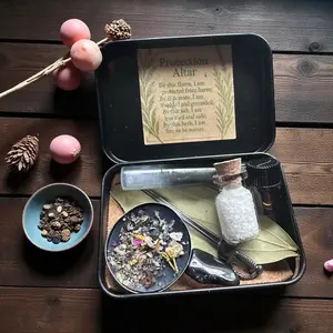 Compact Eco-Friendly Travel Altar Protection Kit - Hinged Metal Tin Box, Leaf-Infused Storage Jar, Energy Shield, Baby Witch Gift