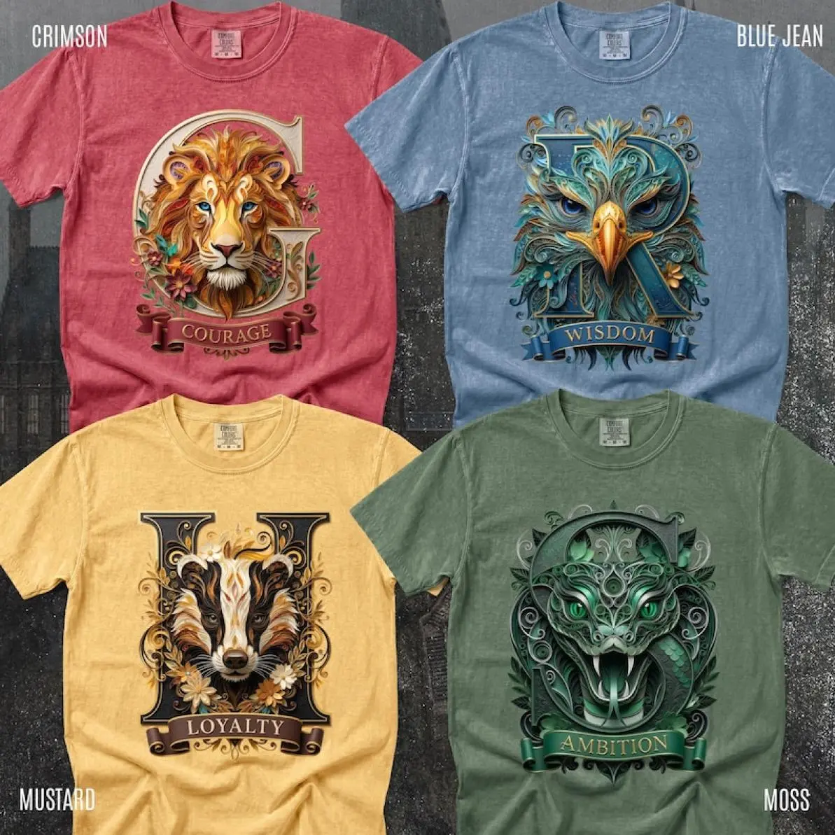 Wizard House Paper Quilling Shirt, Vintage Lion Eagle Snake Badger Crest Tee, Fantasy Reader Gift, Magical School Apparel