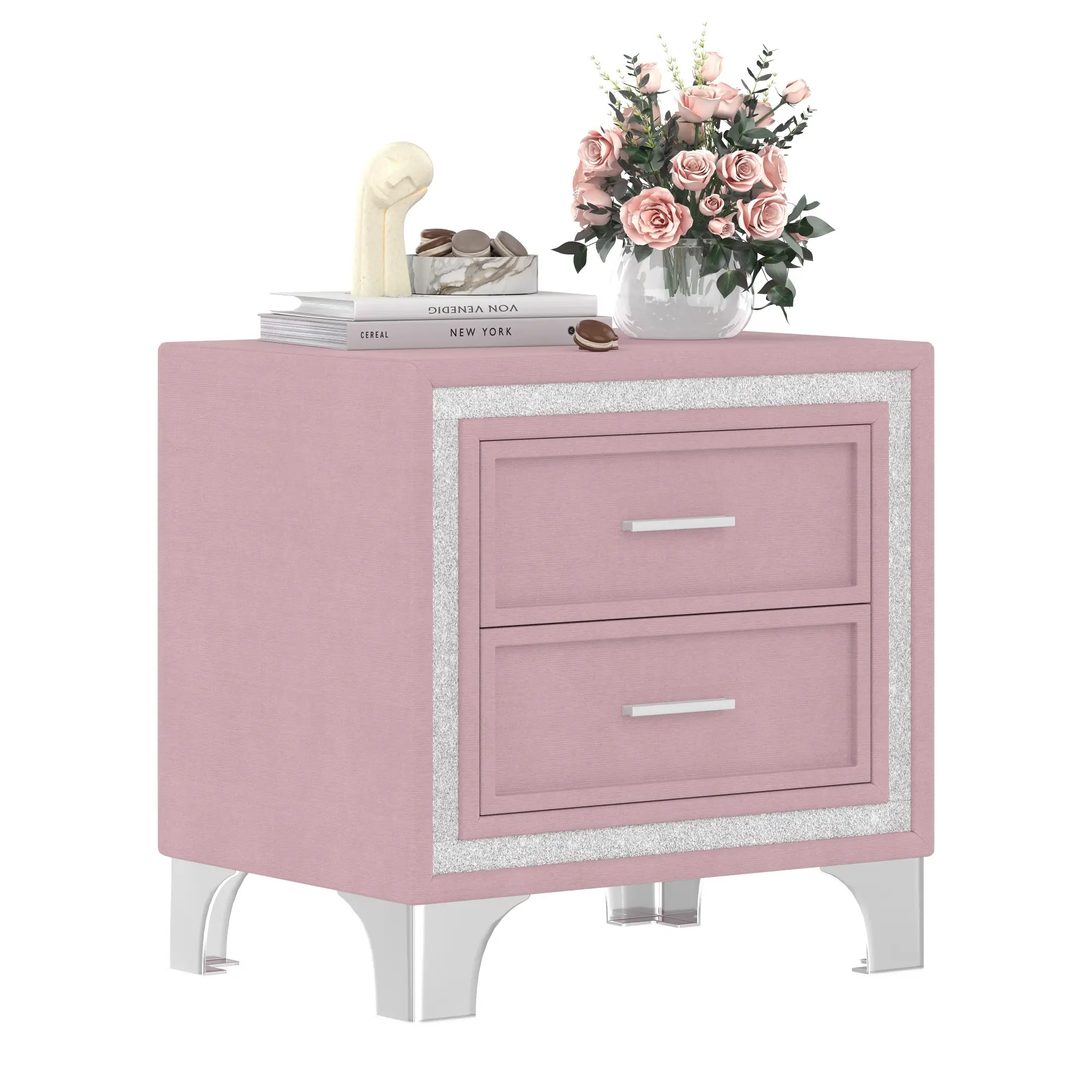 Vintage Upholstered 2-Drawer Nightstand with Silver Glitter Strip Decor, Metal Legs, Flat Top, Rectangle Bedside End Table for Bedroom (Pink, 15.9"d x 21.8"w x 21.7"h)
