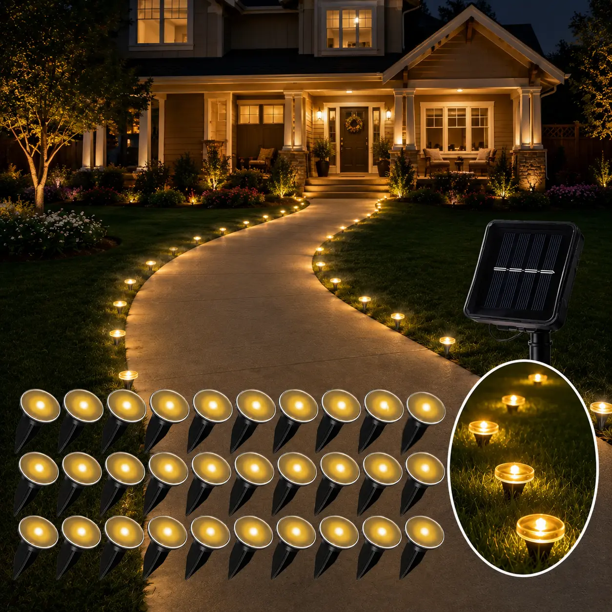 Outdoor string lights, landscape decorative lights 30 lamp heads Solar buried step lights IP44 waterproof street lights, suitable for steps, outdoor garden lights, paths, courtyards and lawns