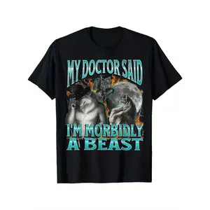 Funny Werewolf Meme T-Shirt My Doctor Said I'M Morbidly A Beast Men'S Horror Comedy Graphic Tee Heavyweight Cotton Shirt Perfect For Halloween Werewolf Fans & Dark Humor Lovers Casual Wear Sunset Design Medium Streetwear Round Neck