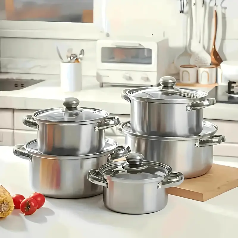 Stainless steel High Quality Durable Cookware pot set (5 pots + 5 lids), ideal for home and restaurant cooking, outdoor, dormitory, camping, dishwasher cleaning, compatible with all stove types, essential camping kitchen tools