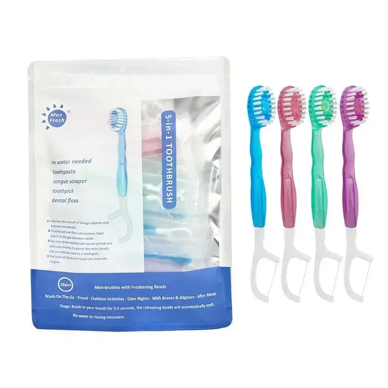 5 in 1 Mini Toothbrush & Floss & Tongue Scraper & Toothpick Set, 26pcs/pack Soft Bristles Toothbrush Set, Oral Care Tool Portable Teeth Cleaning Kit for Travel, Business Trip, Mouth Hygiene Kit