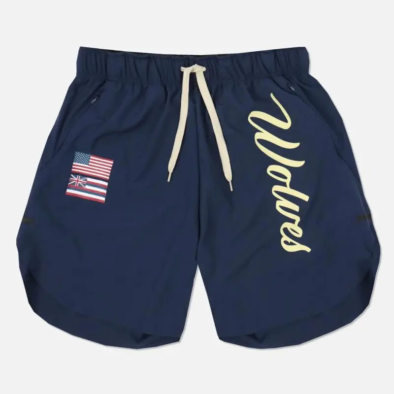 Wolves Men's Navy Blue Athletic Shorts with American Flag Patch Breathable Polyester Blend for Spring Summer Autumn Adult Male Sportswear