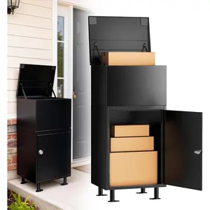 Extra Large Secure Parcel Drop Boxes for Outside Outdoor Porch, Anti-Theft Waterproof Galvanized Steel Package Delivery Box with Password Lock, Black
