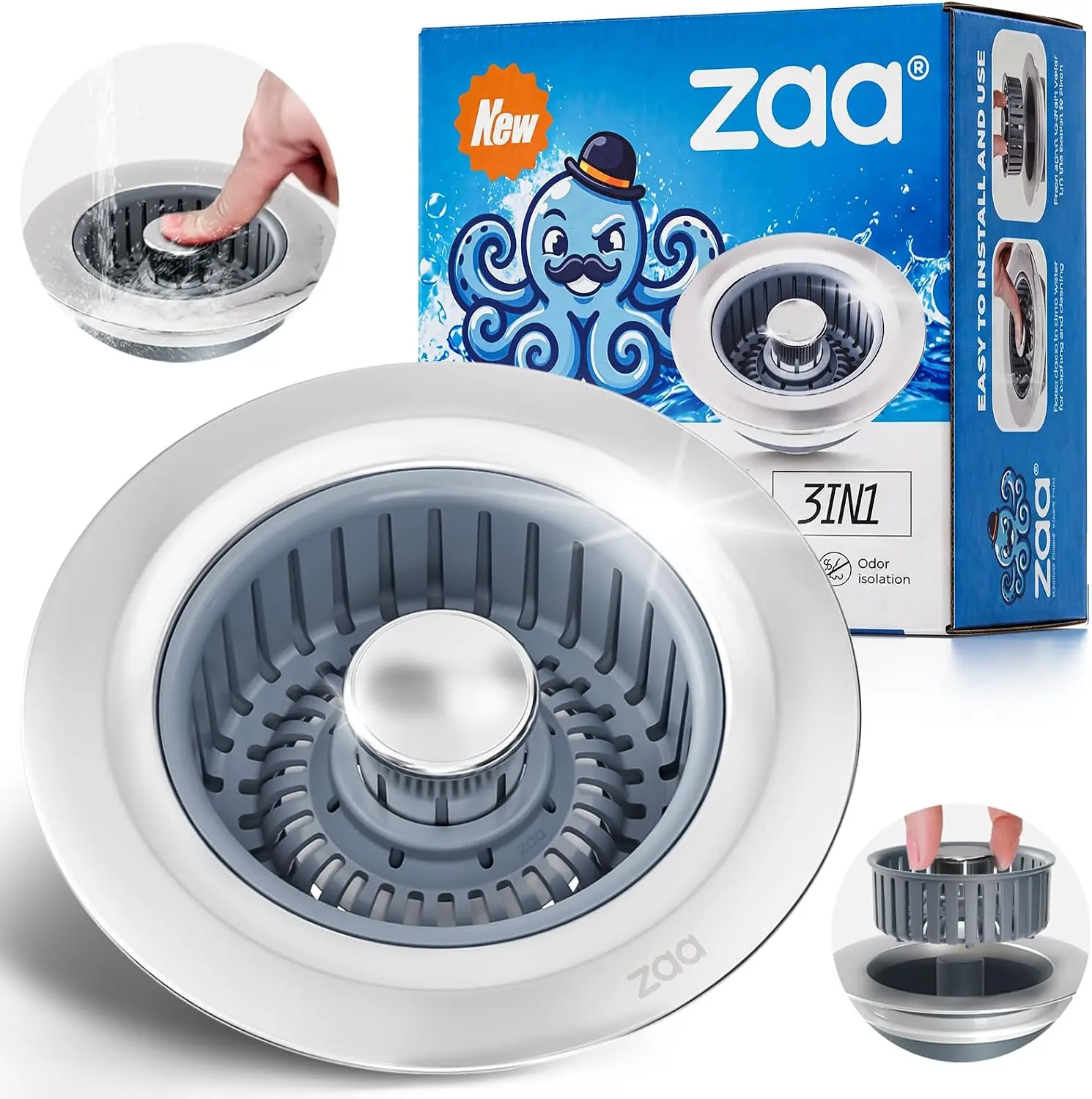 zaa：3-in-1 Kitchen Sink Drain Strainer, Stainless Steel Sink Plug, Deodorizing Anti-Clog Basket Strainer for US Standard 3-1/2 Inch Drains Cleaning