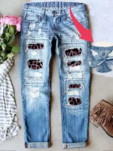 Women's Distressed Boyfriend Jeans Patchwork Ripped Unique Print Denim Vintage Wash Casual Fitted Mid-Waist Button Comfy Fashion Bottom for All Seasons