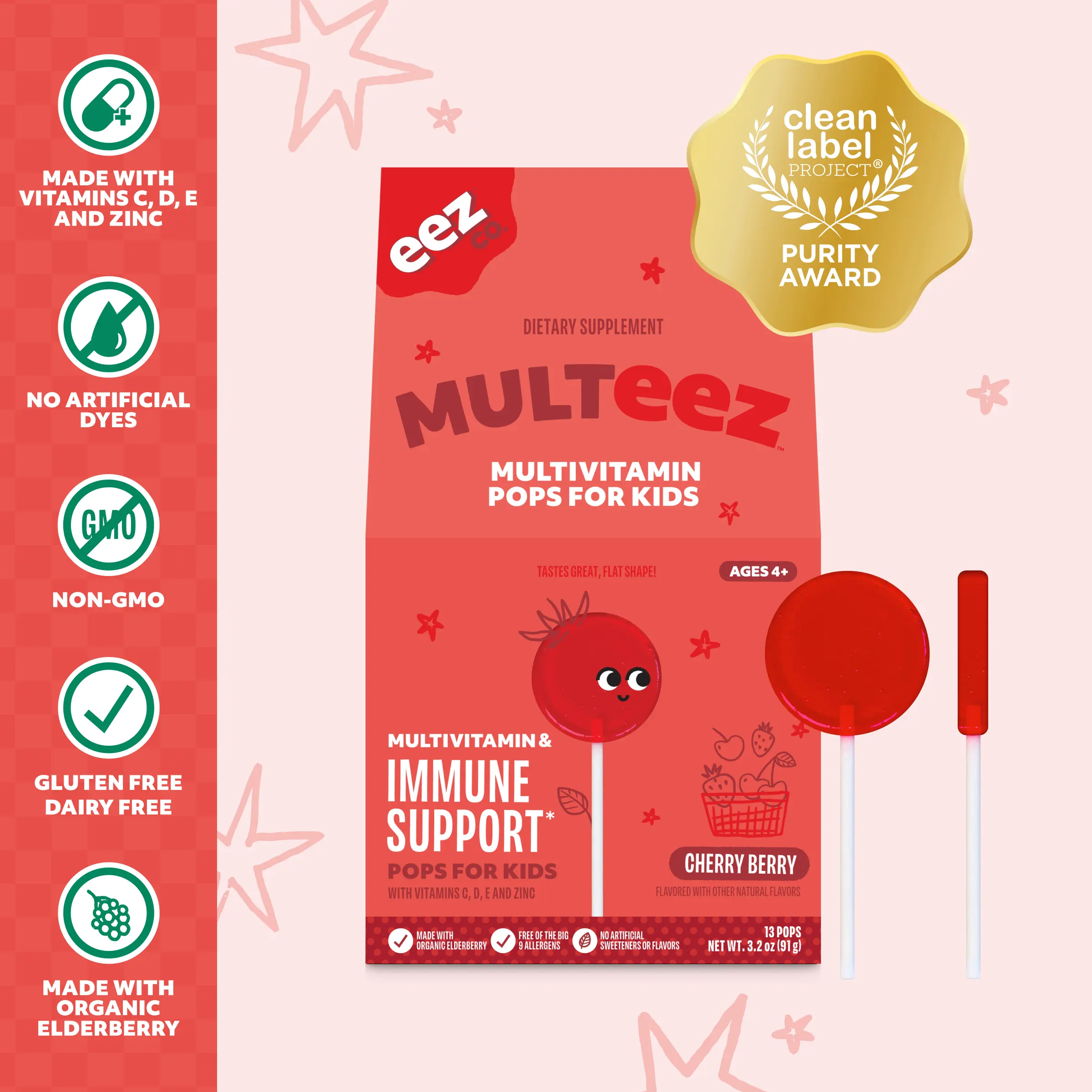 Multeez by EEZ Co. Multivitamin Pops for Kids, Cherry Berry