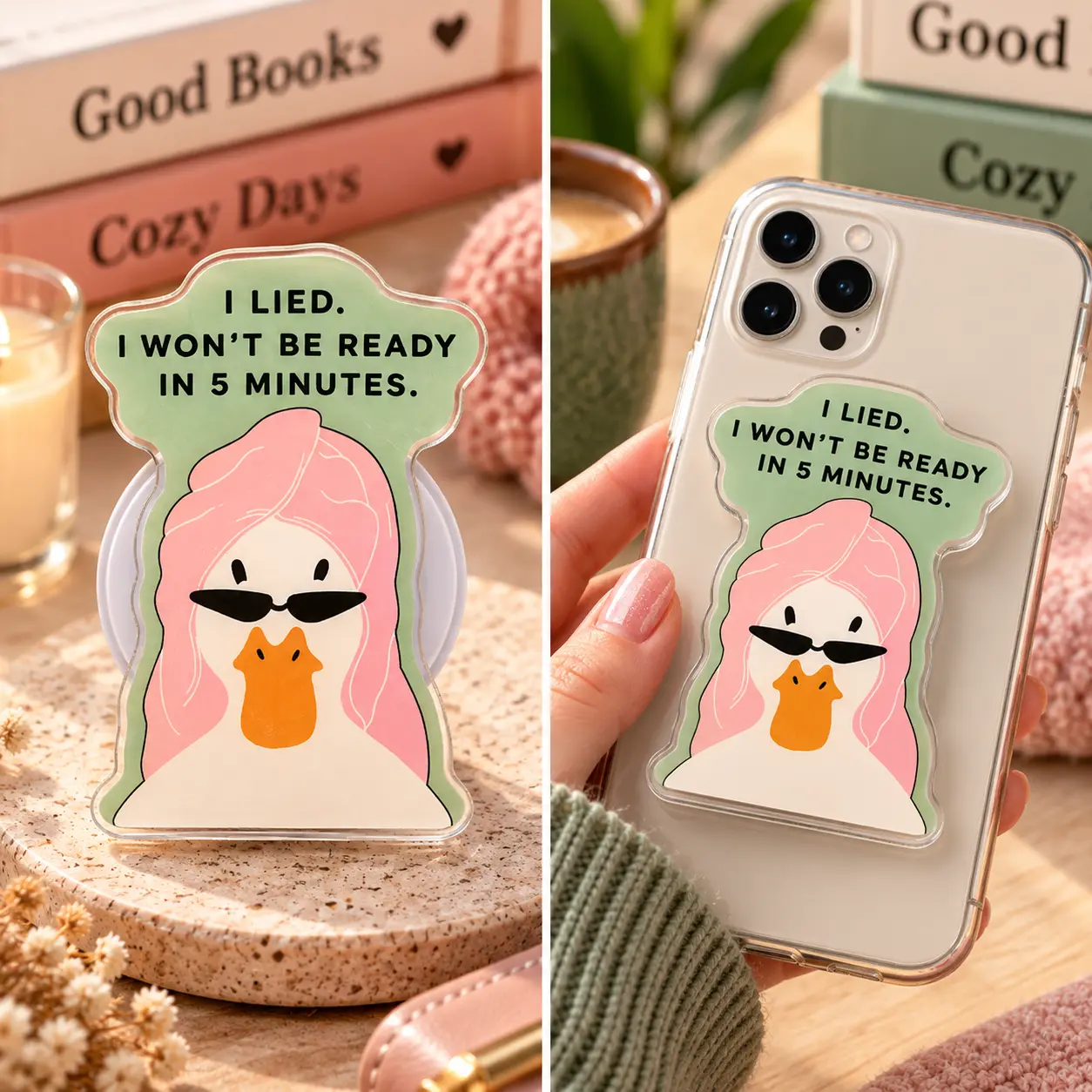 Funny Duck Magnetic Phone Grip, Pink Hair Sunglasses Acrylic Phone Holder with Kickstand, I Lied Quote Phone Accessory, Kindle E-Reader Grip