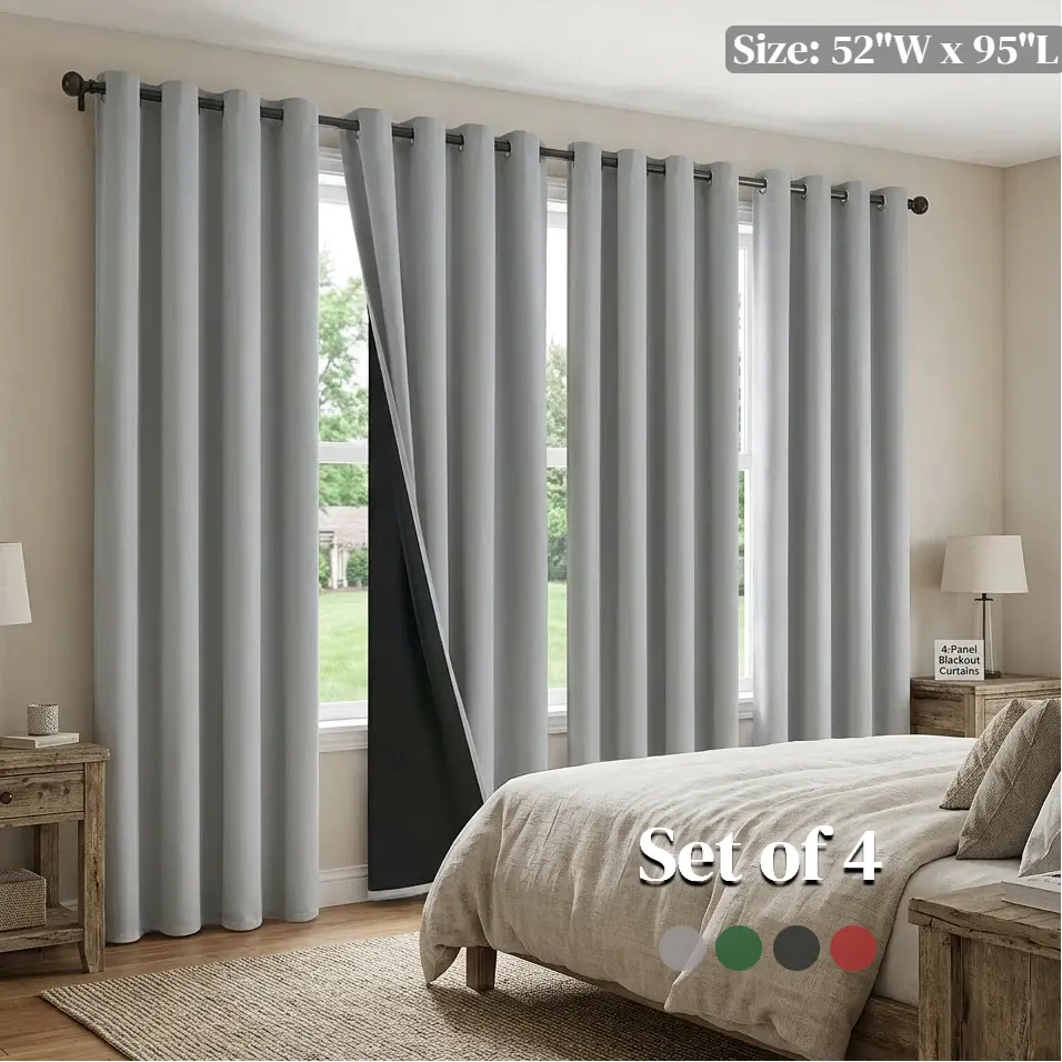 QIANLI 4-Panel Long Darkening Curtains (52"W x 95"L/1.32m), Triple-Layer Thick Durable Fabric, Wrinkle-Resistant, Dustproof, High Opacity, Thermal Insulated, Fade-Resistant Modern Drapes for Living Room, Bedroom