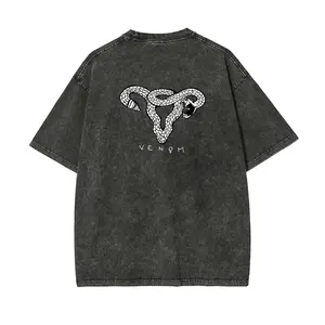 Men's Short-Sleeve Stretchy Washed Cotton Fabric T-Shirt - Soft Round Neck Unisex Retro Graphic Top with Twisted Snake VENOM Text Vintage Back Print