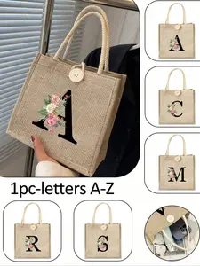 Monogram Pattern Handbag,Letter Printed Handbag,Flower Print Linen Handbag, High Capacity Handbag, Large Capacity Portable Storage Handbag, Multifunctional Shopping Bag, Shopping Essential,Messenger Bag, Suitable For Women, Daily Use