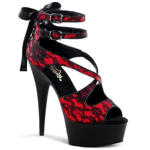 PLEASER DELIGHT-678LC Red Satin-Lace-Black Matte Stiletto Heel Criss Cross Ankle Strap Sandals for Women Summer Footwear