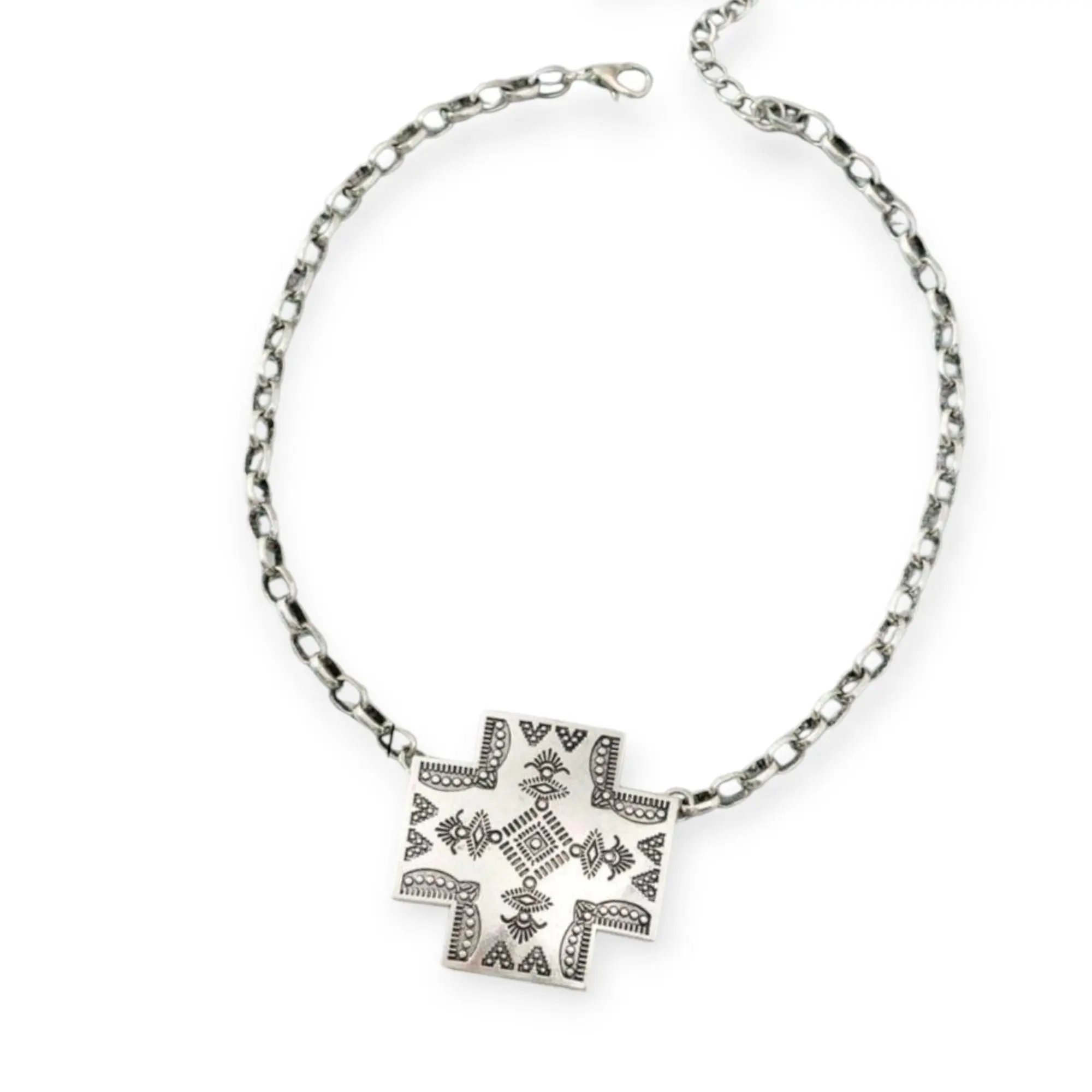 Hand Printed Boho Chain Necklace - Western Print Square Pendant, Handmade Metal-Coated Unisex Jewelry Accessory, Approx 16 in, Western Print Necklaces