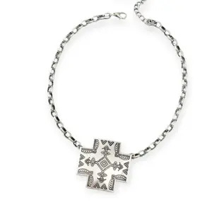 Hand Printed Boho Wild West Chain Necklace Unique Square Pendant for Boho Fashionistas Handmade Quality Metal Coating Western Style Accessory Iced Out Jewelry