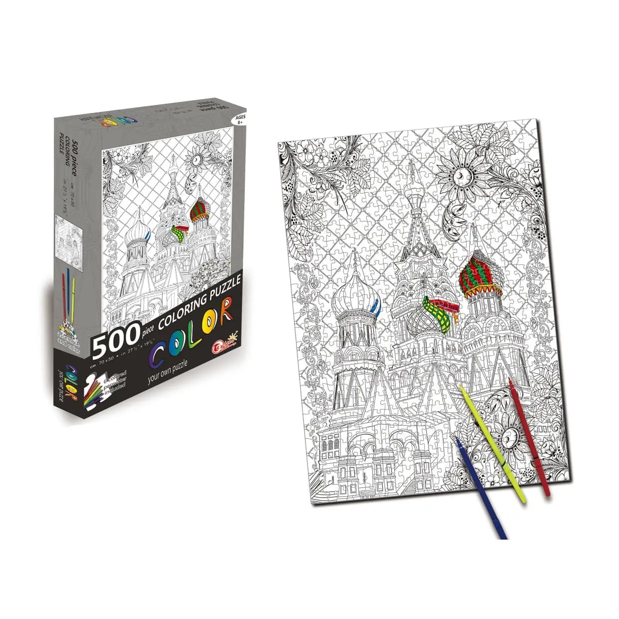 St. Basil's Cathedral 500 Piece Coloring Jigsaw Puzzle + 6 Markers