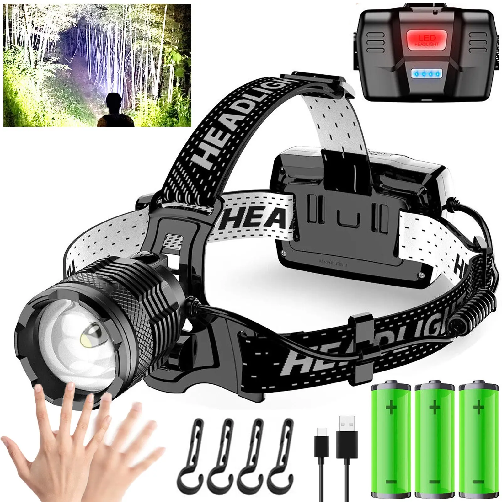 Rechargeable LED Headlamp for Adults, 99000 Lumen Super Bright Motion Sensor Lights, Waterproof Zoomable Safety Headlight with 60H Batteries for Running, Camping, Outdoor Activities, Adjustable Angle, Headband, Cells, Zoomable Beam, 60-Hour, 60H Battery,,