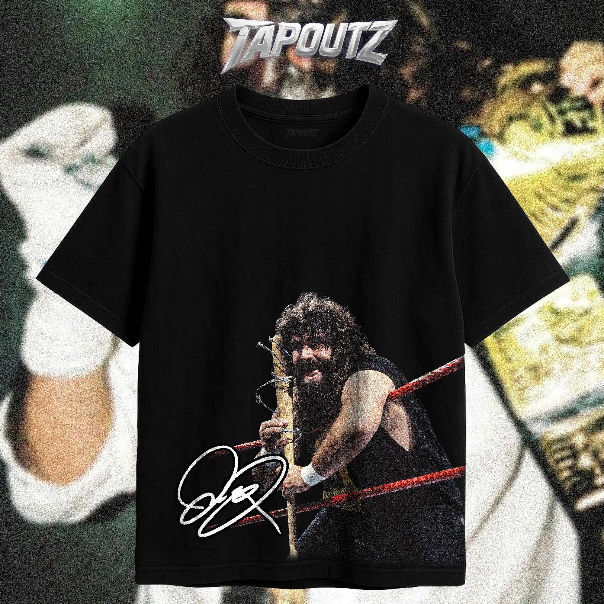 TAPOUTZ Mick Foley Hardcore Iconic Heavy Cotton Tshirt Cactus Jack Foley Unisex Short-Sleeve Round-Neck Casual Lightweight Heavy Cotton Double-Sided DTG Breathable Classic Soft Wrestling Fan T-Shirt, Ideal Gift for Fans