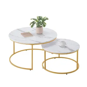 Modern Nested Round Coffee Table Set of 2 (31.5 in), Vintage Steel Frame Furniture, Easy Setup, Space-Saving for Living Room, White Gold, Modern Coffee Table