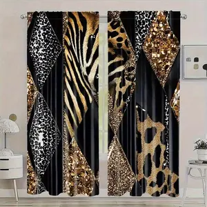 2-Piece Leopard Print Patchwork Window Curtain Set, Half-Blackout Polyester Fabric, Easy Installation, Ideal for Bedroom, Living Room, Office