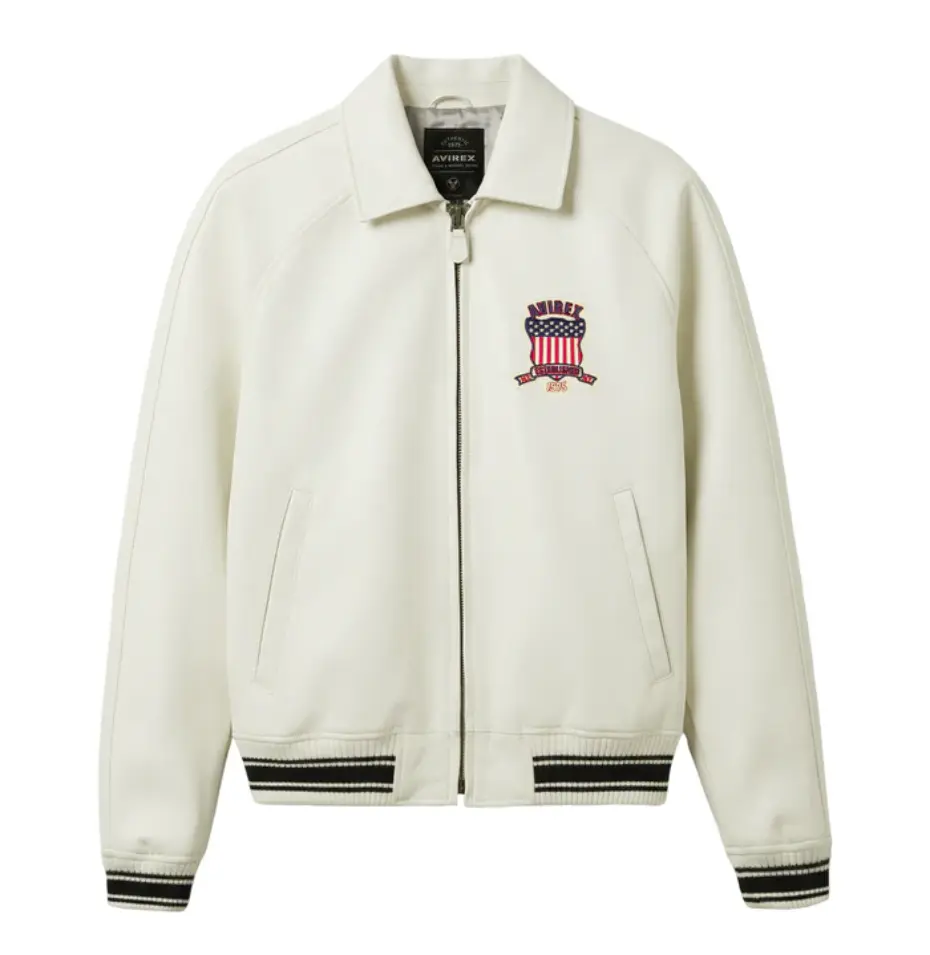 Men’s White Avirex Style Leather Varsity Jacket Vintage Patch Bomber Zip-Up Streetwear Jacket