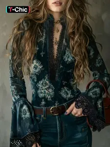 Spring Summer Fashion Chic Casual Floral Lace V-Neck Bell Sleeve Long Sleeve Blouse Shirt, Bohemian casual top, Elegant Women's Beachwear, Daily Wear, New Year Clothing, Casual Classy Top