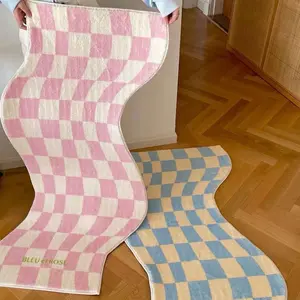 Cute Wavy Checker Rug Washable Aesthetic Runner in Pink and Blue Checkered Design for Home Decor