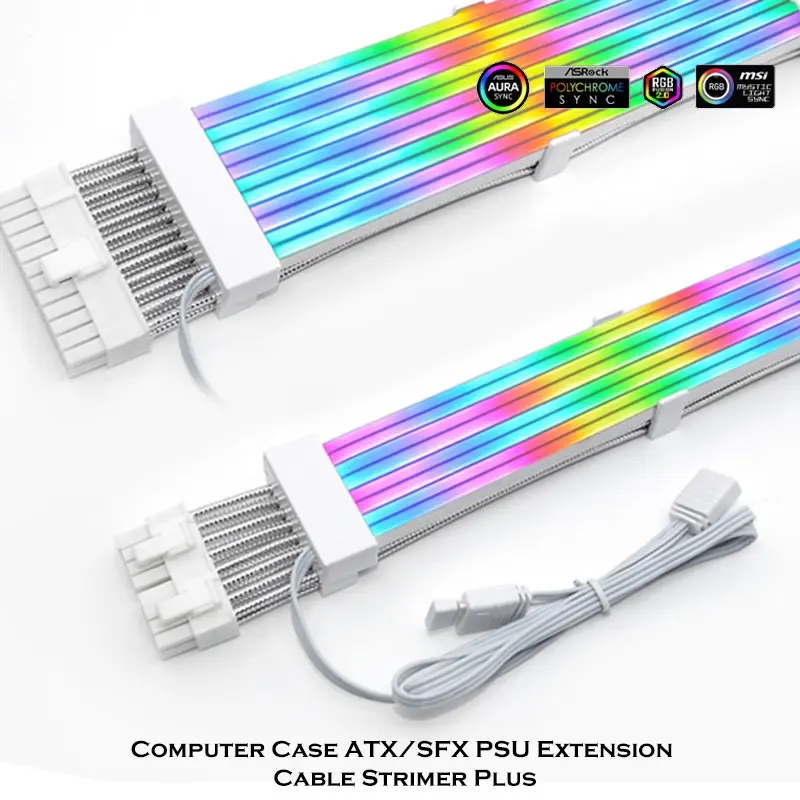Psu Extension Cable RGB Strimer Plus, Aura Sync Atx 24pin Pci-E 8pin, Flexible Silicone, 5v Argb LED, Cables and Accessories