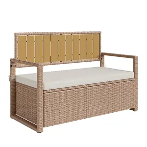 GAOMON Outdoor Storage Bench with Cushion, PE Rattan Patio Bench with Backrest, Armrests and Metal Frame, Waterproof Deck Box Seat for Porch, Backyard & Poolside, Yellow&Beige
