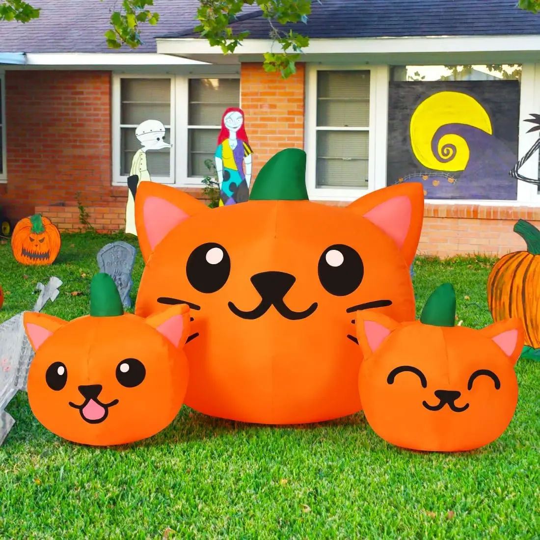 5ft Halloween Inflatable Pumpkin Cat Combo - with Built-in LEDs, 3-Head Design - Cute Blow Up Ornament for Porch, Lawn