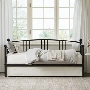 Twin Size Metal Daybed with Roll-Out Trundle, Arched Sofa Bed Frame, Black, No Box Spring Required, Available as Complete Set with Trundle or Standalone Daybed