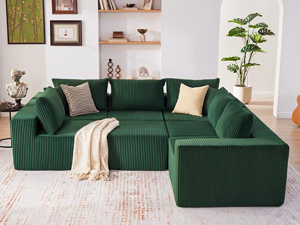 【4 packages】135.4" Cloud Couch Sectional, Sectional Sleeper Sofa with Deep Seat, Plush Corduroy U Shaped Boneless Couch, Convertible Modular Couches for Living Room, 7Seat