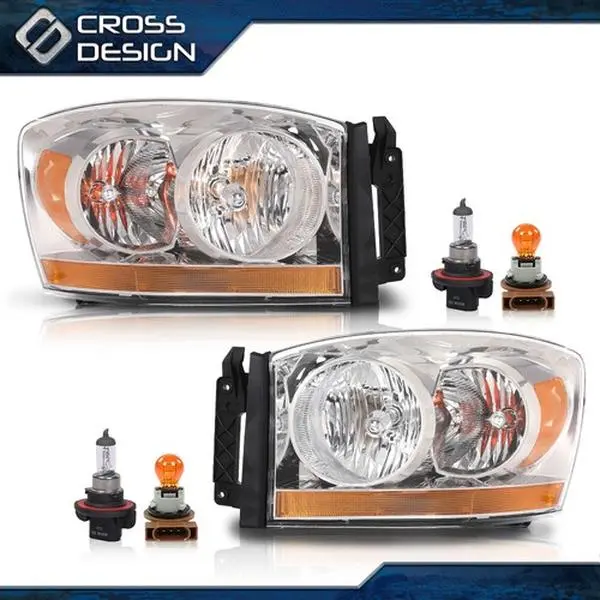 CROSSDESIGN Durable Easy-Install Car Headlights Set - Chrome Housing Aftermarket Bulbs Replacement Lights for 2006-2009 Dodge Ram 1500,2500,3500, Left Driver & Right Passenger Side Assemblies