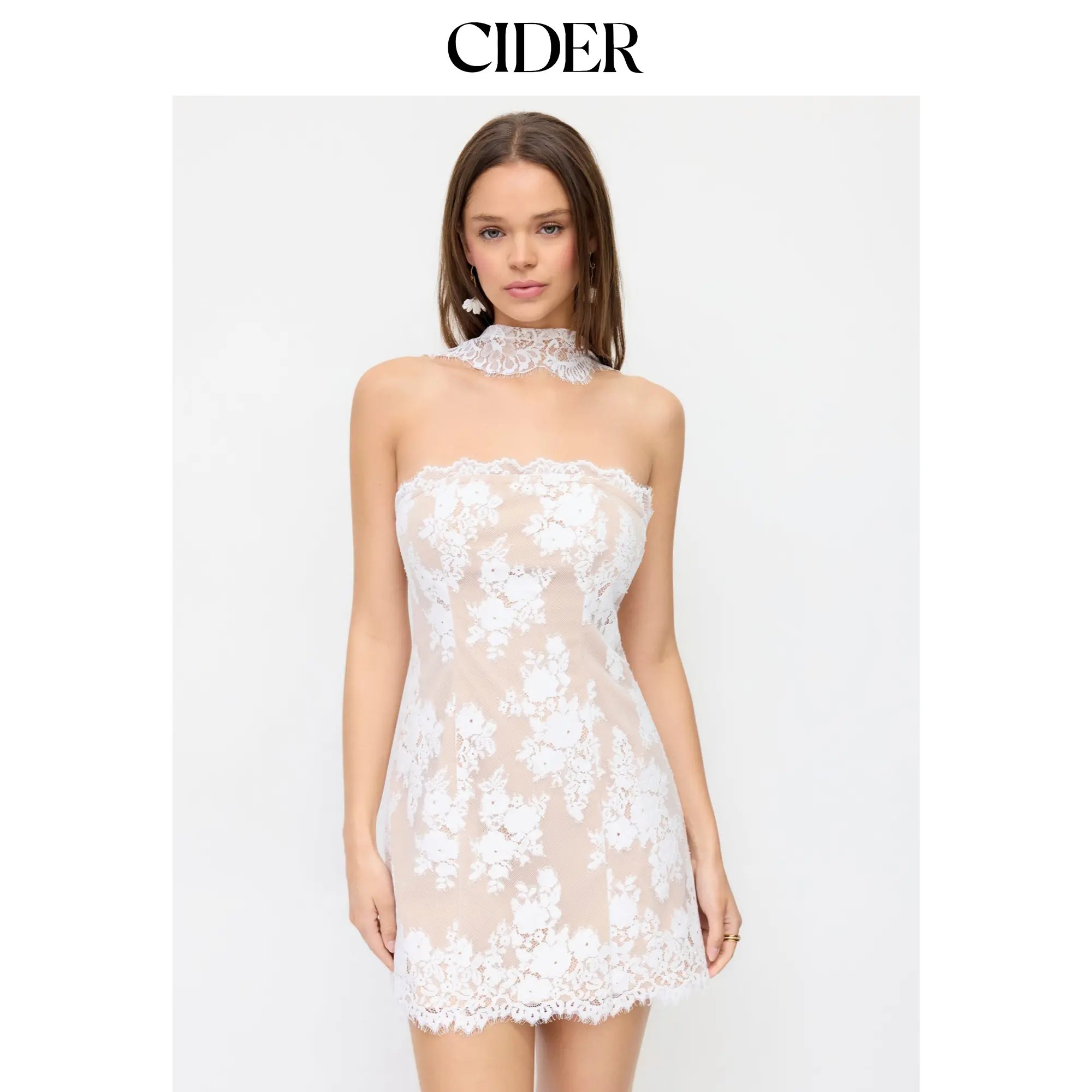 Cider Women's Lacy Strapless Halter Neck Sleeveless Above-the-Knee Mini Dress - Cotton-Nylon Blend, Casual Sexy Party Wear with Strapless Freedom