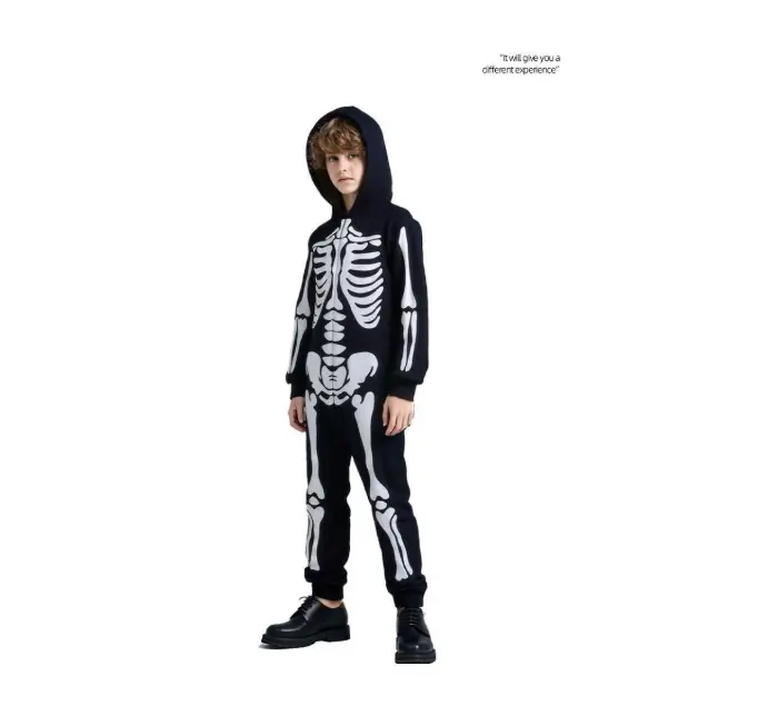 Kids Hooded Skeleton Jumpsuit, Boys Halloween Glow In The Dark Skeleton Costume, Zipper Long Sleeve Onesie, Child Skeleton Cosplay Outfit for Trick or Treat, Theme Party, Plus Size Available