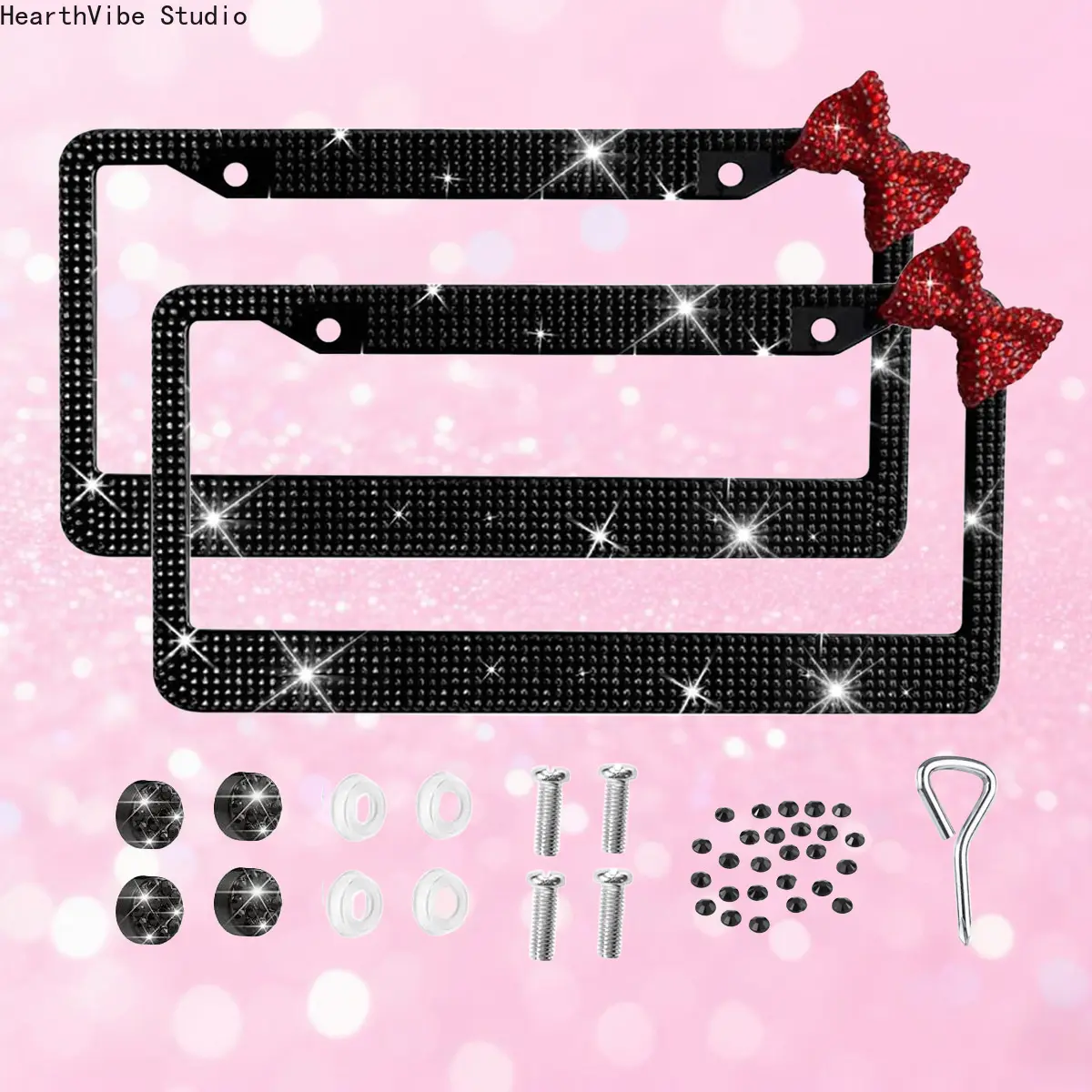 License Plate Frame for Women, Bling Pink Rhinestone Bowknot, Sparkly Stainless Steel Car Accessory, Universal US Standard, Accessories For Women, Girly Car Accessories, Cute Car Accessories