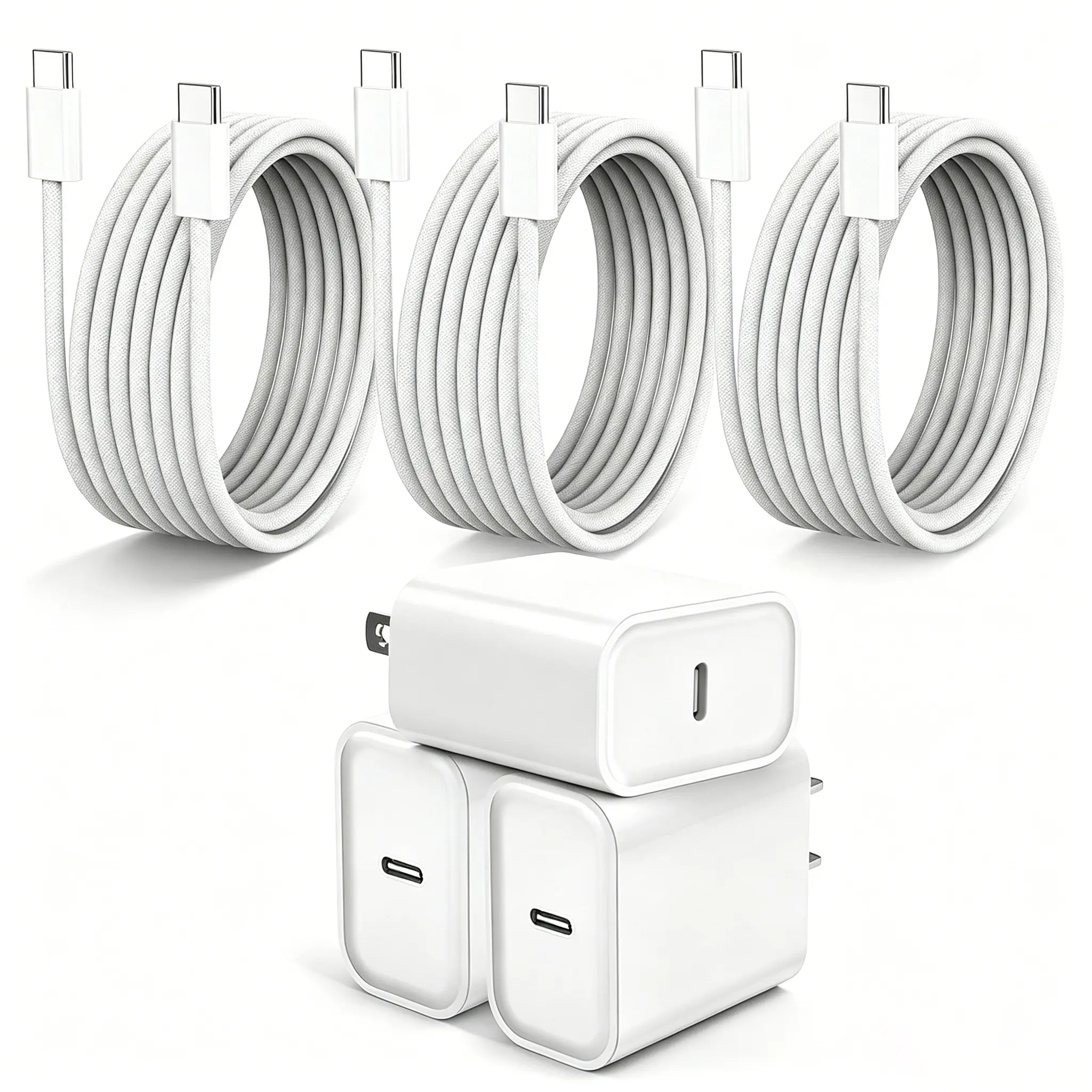 20W Braided Wall Charger Block - 1/2/3-Pack Sets with 6ft USB-C Cable, Braided Fast Charging for iPhone 17ProMax/17Pro/17 Air/16ProMax/16Pro/15ProMax/15Pro Series, iPad Pro, Mobile, Smartphone & Multi Device Protection