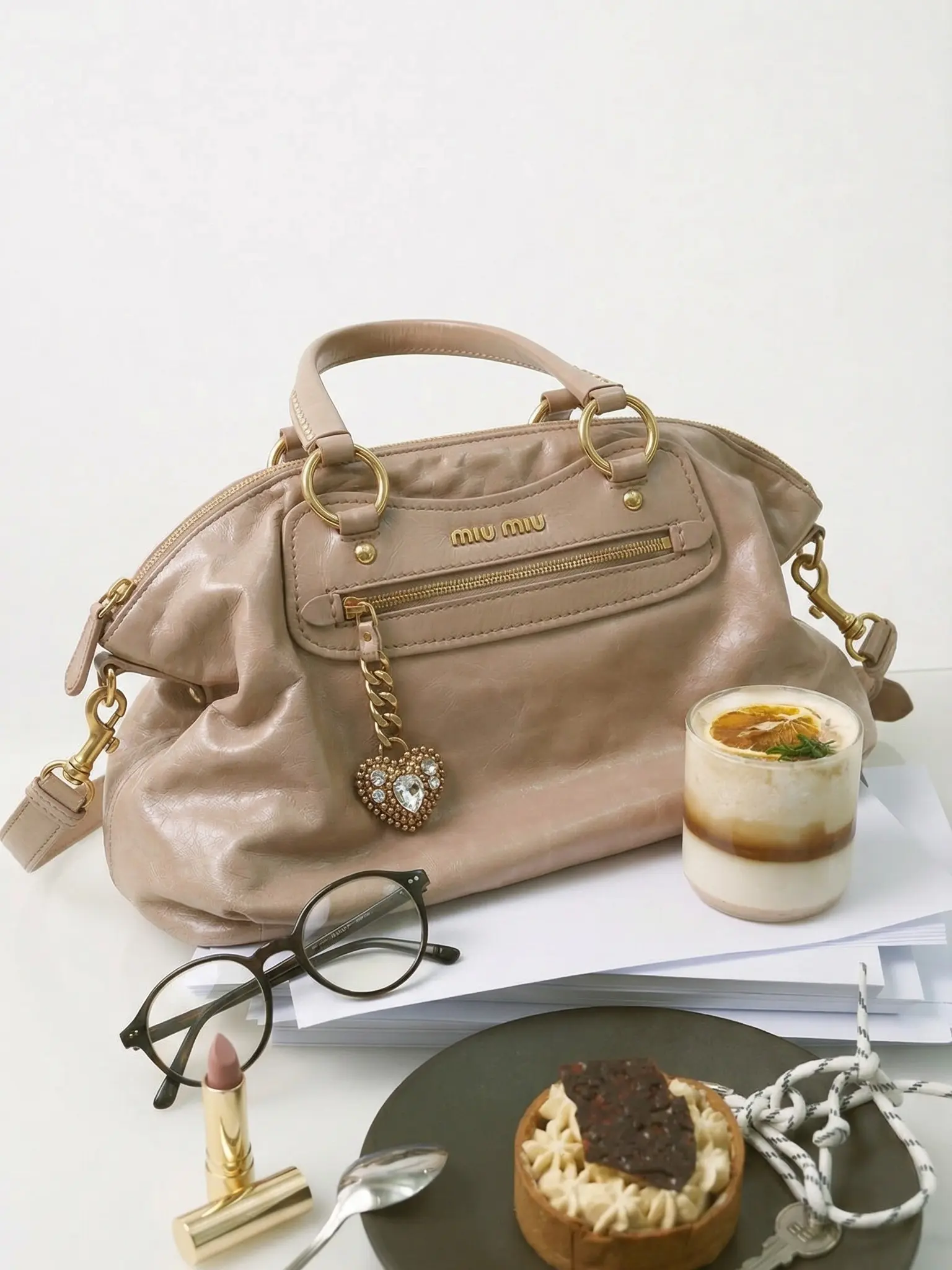 Pre-owned miu miu Leather Shoulder Bags Studded Heart Charm Top 