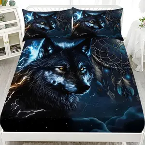 3pc Dark Night Blue Flame Wolf Bed Sheet Set, including 1 bed sheet and 2 pillowcases, without pillow core, available in multiple sizes, soft and comfortable home bedding, suitable for bedrooms, guest rooms, dormitories, and hotels, Bedsheet Sets