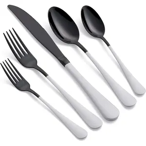 20- Black Silverware Set 18/0 Stainless Steel Flatware White Handle Cutlery Set Service for 4 Dinner  Forks Spoons Set Mirror Finish Dishwasher Safe