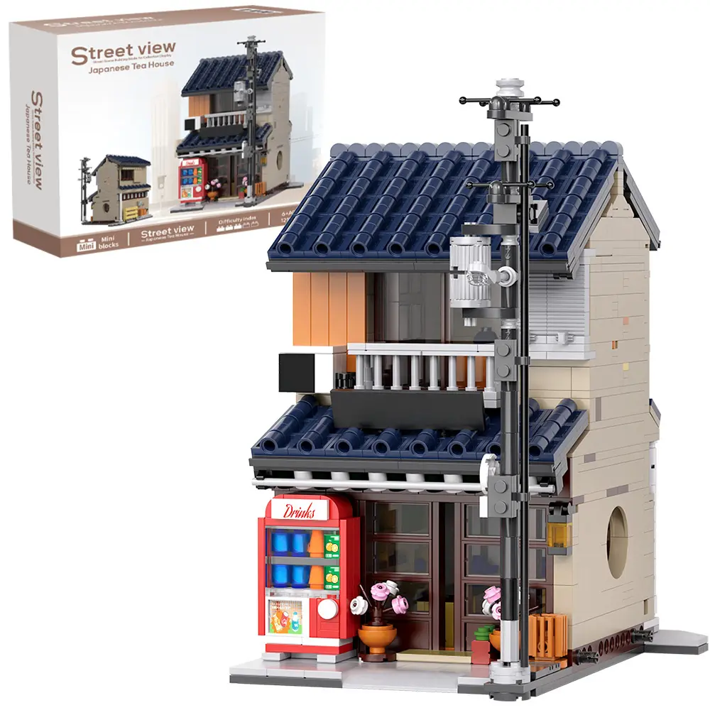 HEGOAI 1219-Piece Japanese Theme Interlocking Building Block Kit, Teahouse Street Shop DIY Building Module Set with Lighting, STEM Play Gift for 10-12 Years Old Enthusiasts