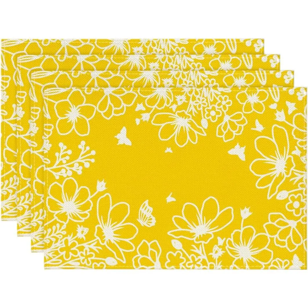Vibrant Yellow Bloom Polyester Rectangle Placemats Set of 4 (12x18 in) - Durable Kitchen & Dining Tableware for Spring Party Decor