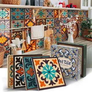 Classic Bohemian Floral Style Tile Stickers, Vinyl Wall Stickers, Waterproof & Oilproof Removable Tiles, Self-Adhesive Glossy Panels for Bathroom Kitchen