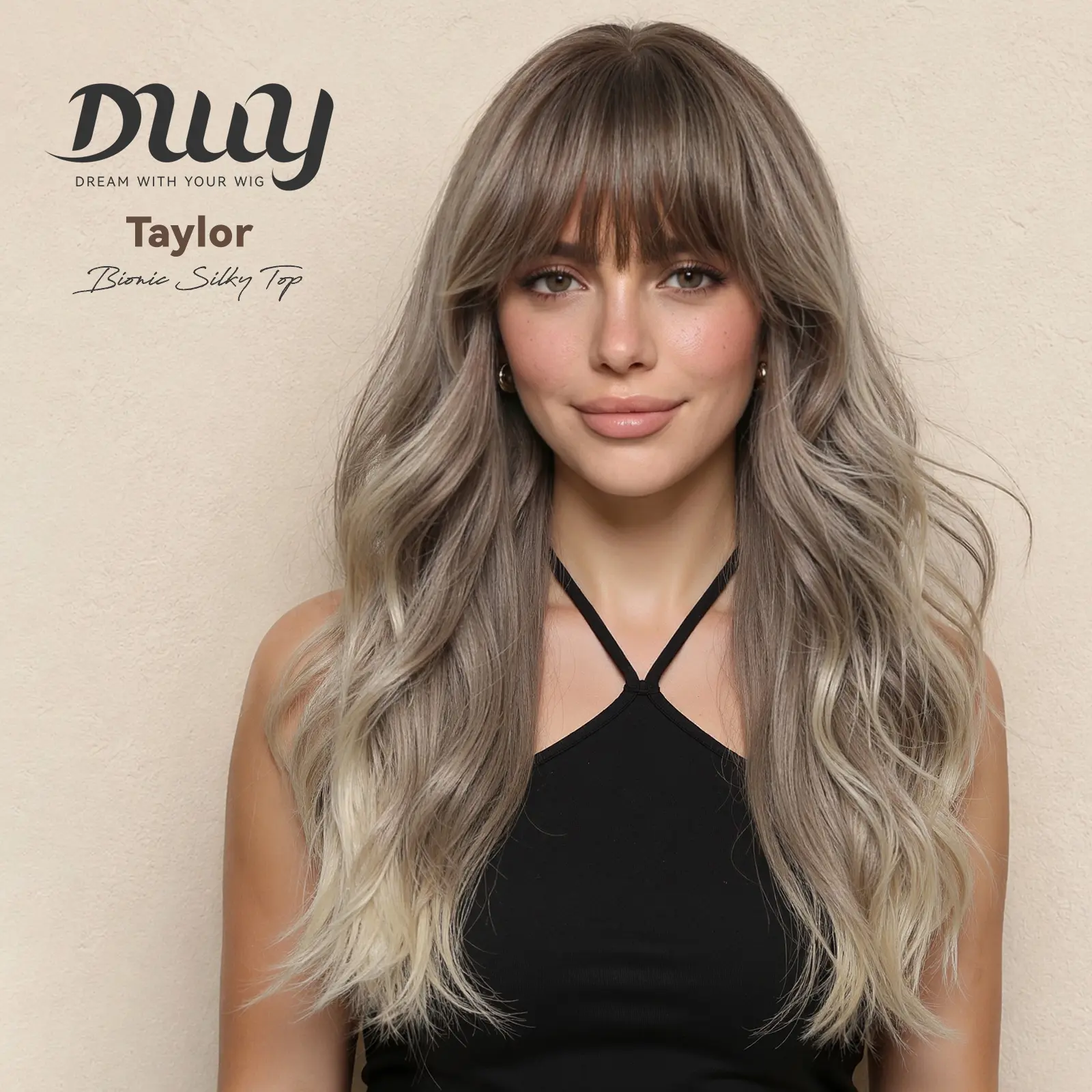 Taylor -DWY New Technology! Bionic Silk Top Smoky Balayage Blonde 24-Inch Long Wave Glueless Synthetic Wig with Bangs for Women High-Quality Premium Fiber Easy Wear Comfortable Fit Straight Layered Wigs Convenient Wigs