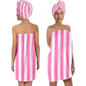 Striped Bath Wrap Set with Hair Turban, Pink and White Pattern Spa Wrap, Robe for